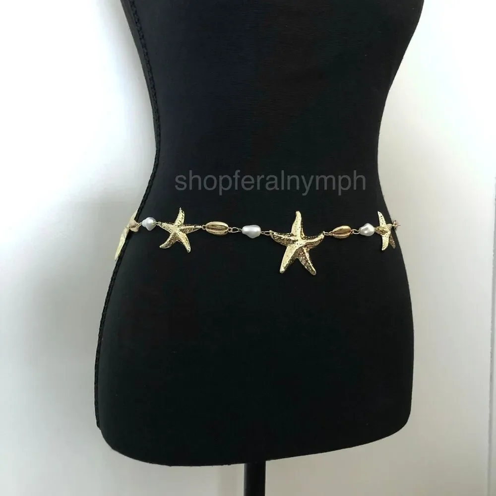 Y2K Mermaidcore Gold Starfish Shell Chain Belt, Fits 24–38 Inches, X7GA1157